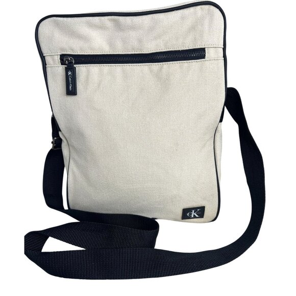 Calvin Klein Beige Canvas Crossbody Bag With Black Strap & Zipper - Picture 1 of 12